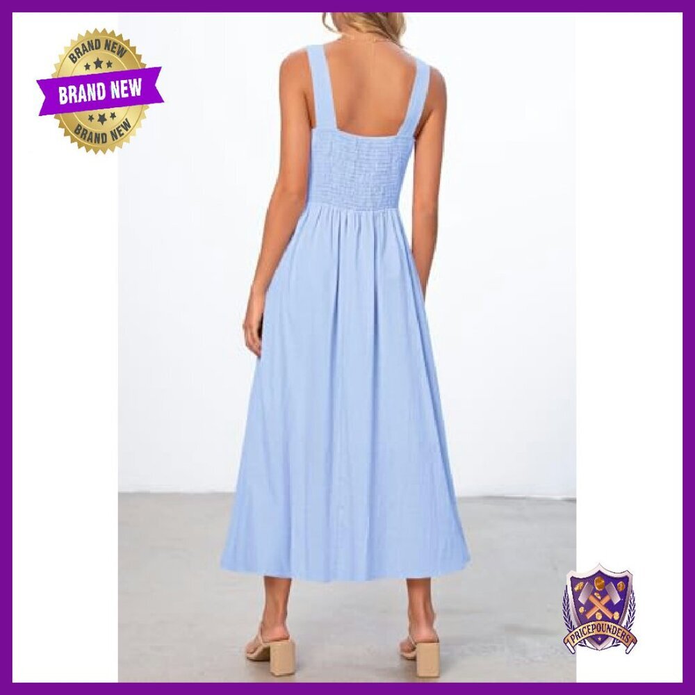 Sleeveless Midi Dress Square Neck Smocked Back A-Line Summer - Picture 4 of 8